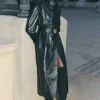 Leather Strong Shoulder Belted Trench Coat