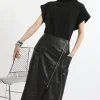 Leather Utility Pocket A Line Zip Through Midi Skirt