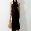 Linen Blend Racer Neck Full Skirt Knit Dress