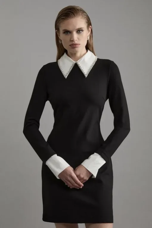 Long Sleeve Embellished Collar Mini Woven Dress