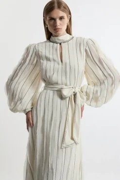 Lydia Millen Chiffon Top Stitch Detail Ruffle Belted Woven Midaxi Dress