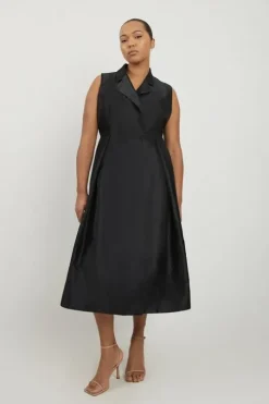 Lydia Millen Plus Size Taffeta Full Skirt Tailored Wrap Shirt Midi Dress