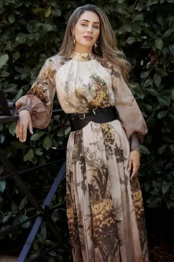 Lydia Millen Silk Cotton Border Print Belted Maxi Dress