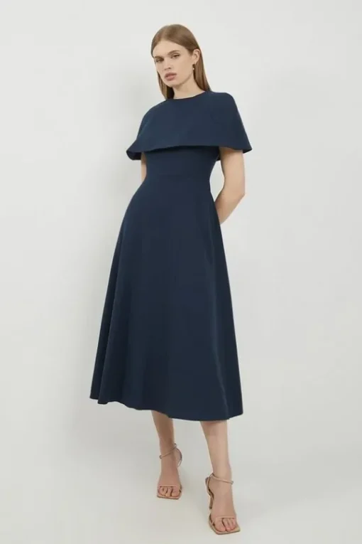 Lydia Millen Structured Crepe Cape Sleeve Full Skirt Tailored Midaxi Dress