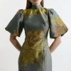 Lydia Millen Tall Floral Jacquard Mini Dress With Tie Detail And Puff Sleeve
