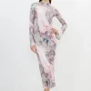 Marble Print Jersey Long Sleeve Midi Dress