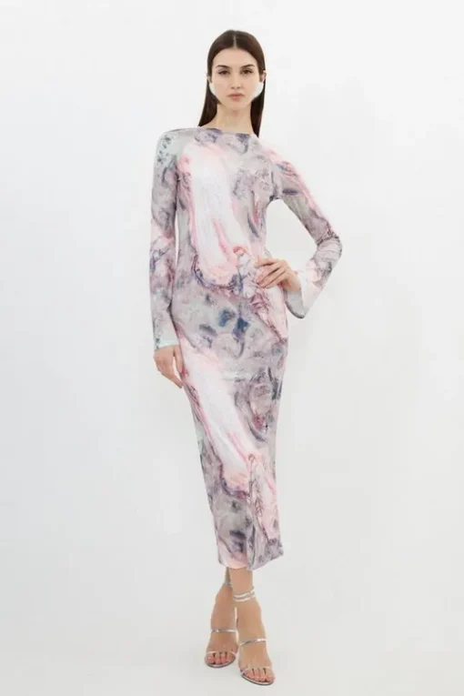 Marble Print Jersey Long Sleeve Midi Dress