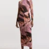Marble Printed Mesh Ruched Long Sleeve Midi Dress
