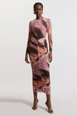 Marble Printed Mesh Ruched Long Sleeve Midi Dress