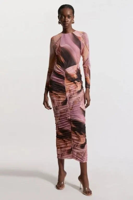 Marble Printed Mesh Ruched Long Sleeve Midi Dress