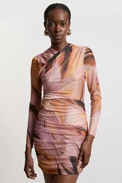 Marble Printed Mesh Ruched Mini Dress