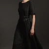Metallic Boucle Tailored Ruffle Belted Asymmetric Midaxi Dress