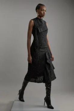 Metallic Boucle Tailored Sleeveless Asymmetric Midaxi Dress