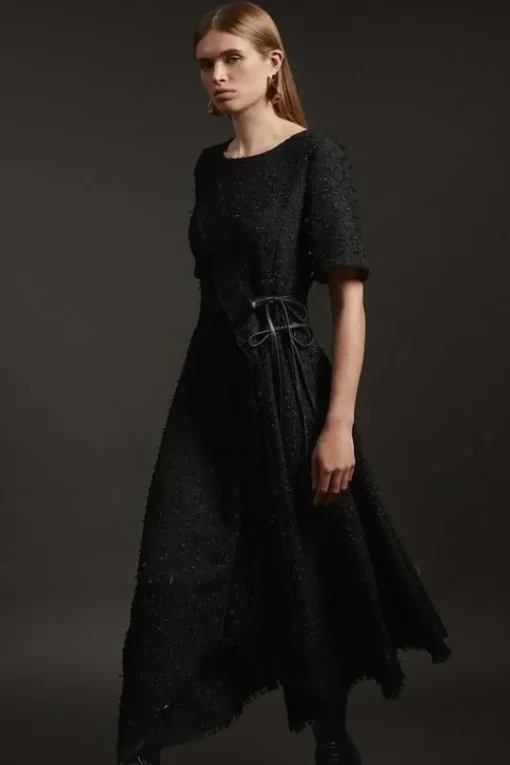 Metallic Boucle Tailored Ruffle Belted Asymmetric Midaxi Dress