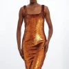Metallic Sequin Strappy Woven Column Midi Dress