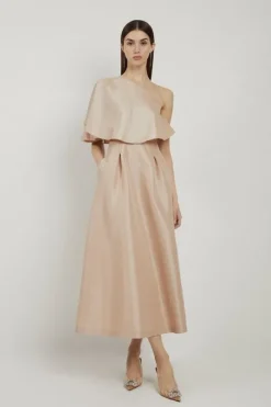 Metallic Taffeta One Shoulder Ruffle Midi Dress