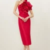 Metallic Taffeta Rosette Midi Off The Shoulder Dress