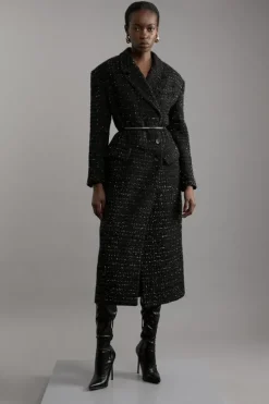 Metallic Texture Check Darted Waist Midaxi Tailored Coat