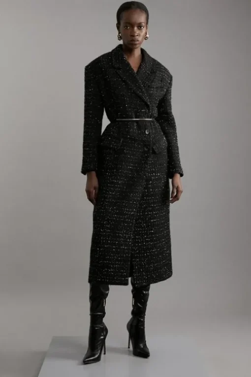 Metallic Texture Check Darted Waist Midaxi Tailored Coat