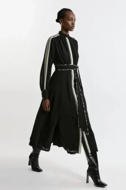 Military Mono Stripe Balloon Sleeve Maxi Dress