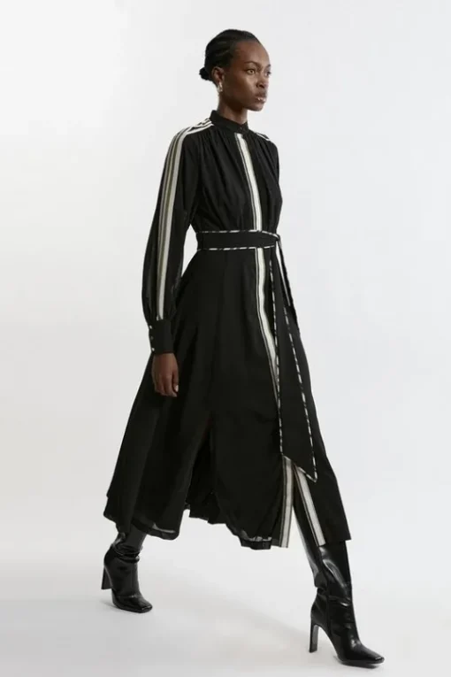 Military Mono Stripe Balloon Sleeve Maxi Dress