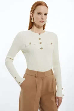 Military Trim Rib Long Sleeve Knit Top