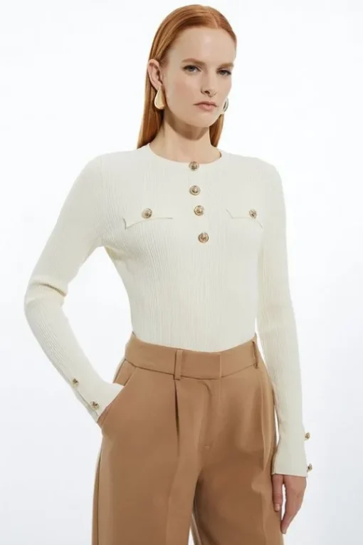 Military Trim Rib Long Sleeve Knit Top