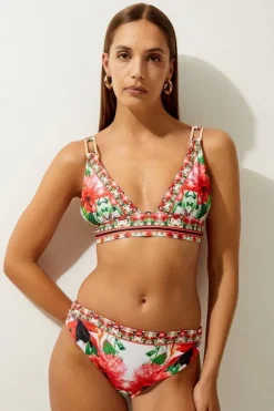 Mirror Floral Print Trim Detail Bikini Top