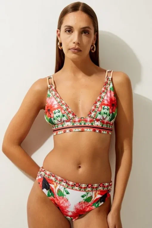 Mirror Floral Print Trim Detail Bikini Top