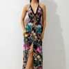 Mirrored Tropical Viscose Georgette Strappy Beach Dress