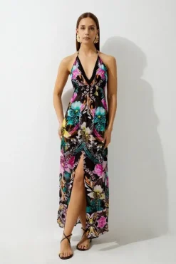 Mirrored Tropical Viscose Georgette Strappy Beach Dress