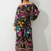 Mirrored Tropical Viscose Georgette Off The Shoulder Beach Maxi Dress