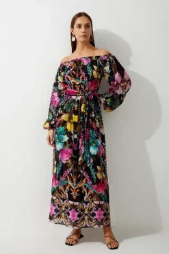 Mirrored Tropical Viscose Georgette Off The Shoulder Beach Maxi Dress