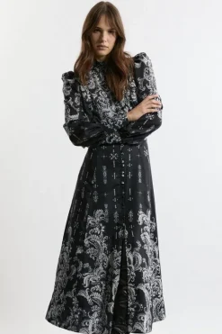 Mono Floral Woven Button Up Maxi Dress