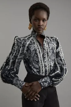 Mono Floral Woven High Neck Blouse