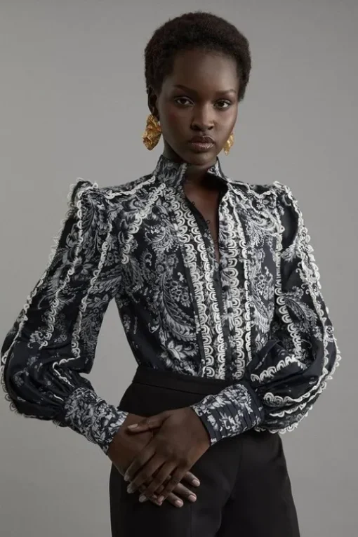 Mono Floral Woven High Neck Blouse