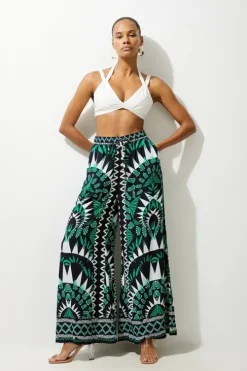 Mono Printed Viscose Woven Beach Wide Leg Pants