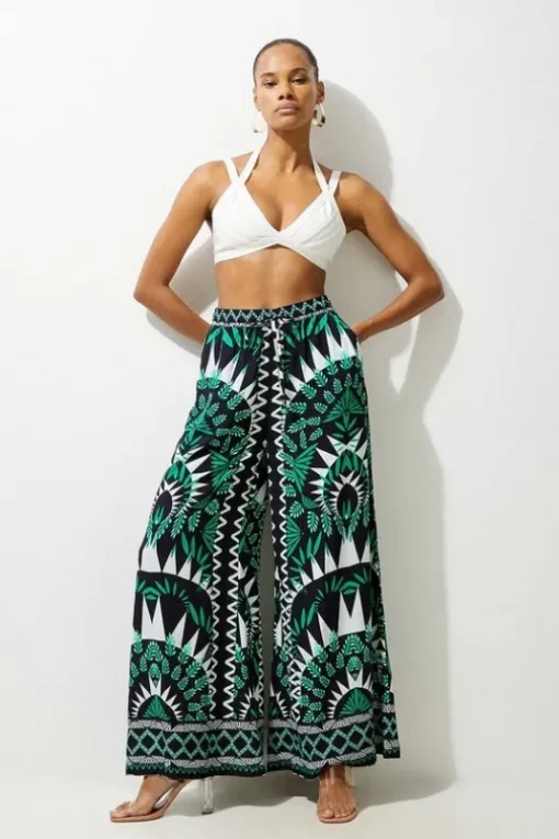 Mono Printed Viscose Woven Beach Wide Leg Pants
