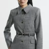 Mono Texture Belted Collared Button Front Tailored Jacket