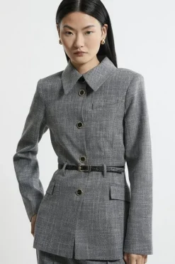 Mono Texture Belted Collared Button Front Tailored Jacket
