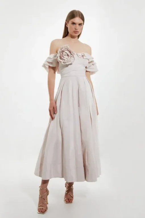 Off The Shoulder Taffeta Ruffle Woven Maxi Dress