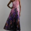 Ombre Floral Soft Pleated One Shoulder Midaxi Dress