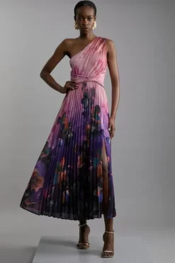 Ombre Floral Soft Pleated One Shoulder Midaxi Dress