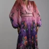 Ombre Floral Soft Pleated Long Sleeve Maxi Dress