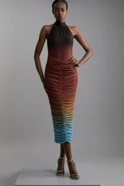 Ombre Jersey Mesh Halter Ruched Midi Dress