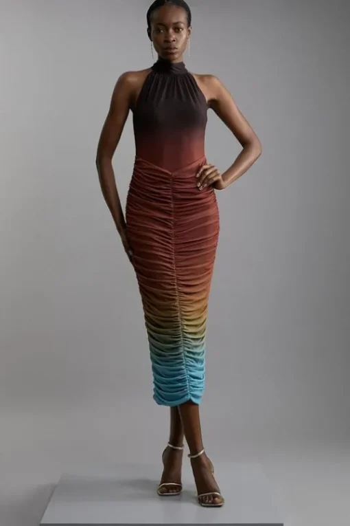 Ombre Jersey Mesh Halter Ruched Midi Dress