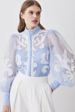Organdie Applique Buttoned Woven Blouse