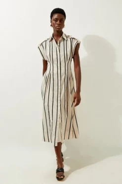 Organdie Mono Stripe Woven Belted Shirt Dress
