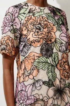 Organdie Sequin & Beaded Short Sleeve Woven Dress