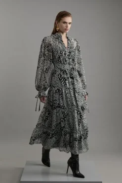 Paisley Crinkle Pleat Georgette Woven Midi Dress